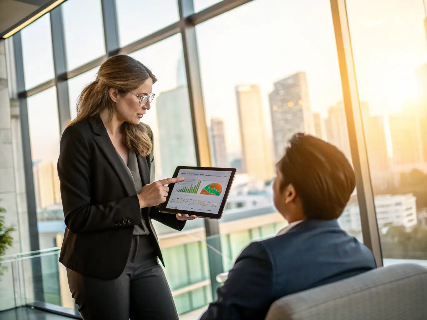 A consultant working with a small business owner, reviewing marketing analytics on a tablet, with charts and graphs displayed, in a modern office setting.