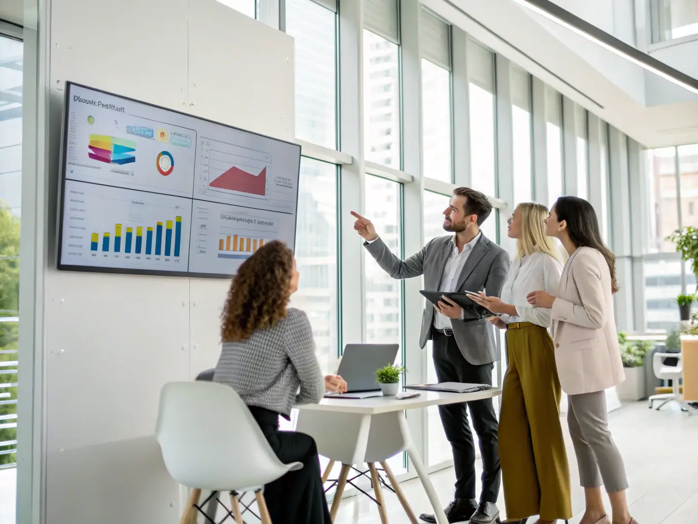 A team of sales professionals collaborating in a modern office, reviewing sales data on a large screen, with graphs and charts indicating sales performance.